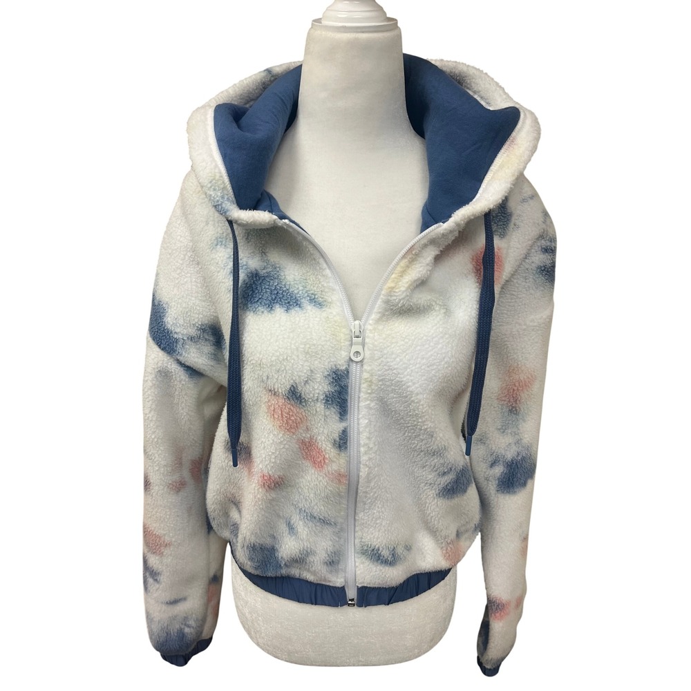 OFFLINE by Aerie Tie Dye Sherpa Fleece Zip Up Hoodie Cropped Jacket XS Blue Pink